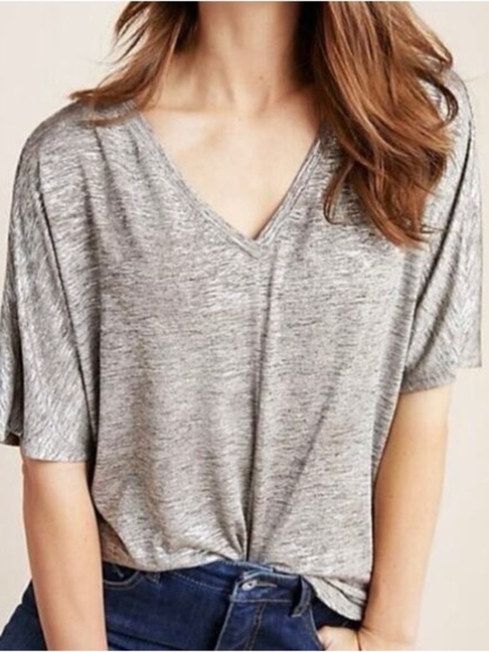 Anthropologie Silver Metallic Dolman V-neck Short Sleeve T-Shirt Boho Sz M